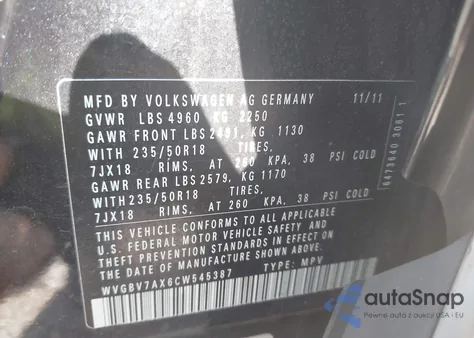 2012 Volkswagen Tiguan Se из США, поврежденный, VIN WVGBV7AX6CW545387